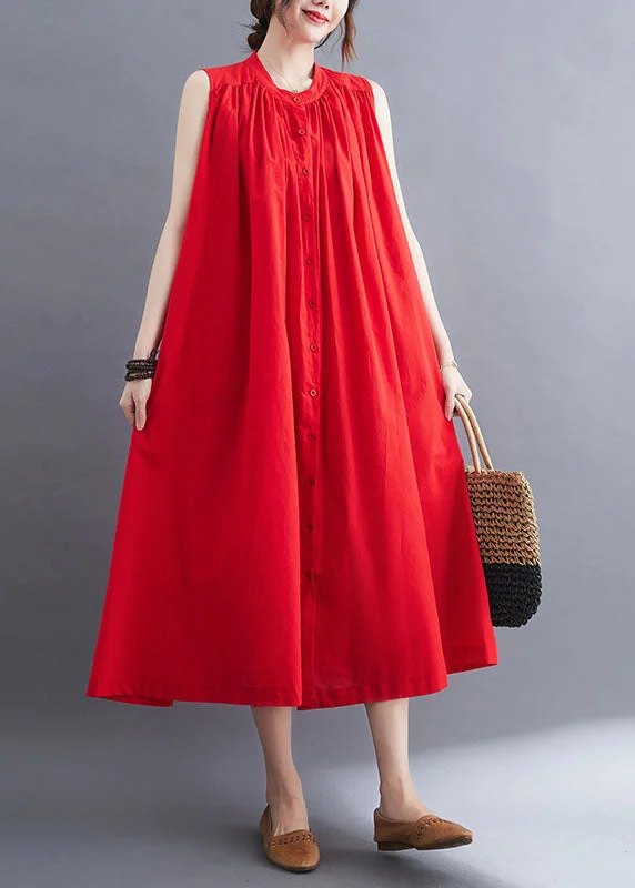 Today’s Deal French Red O-Neck Wrinkled Cotton A Line Dresses Sleeveless