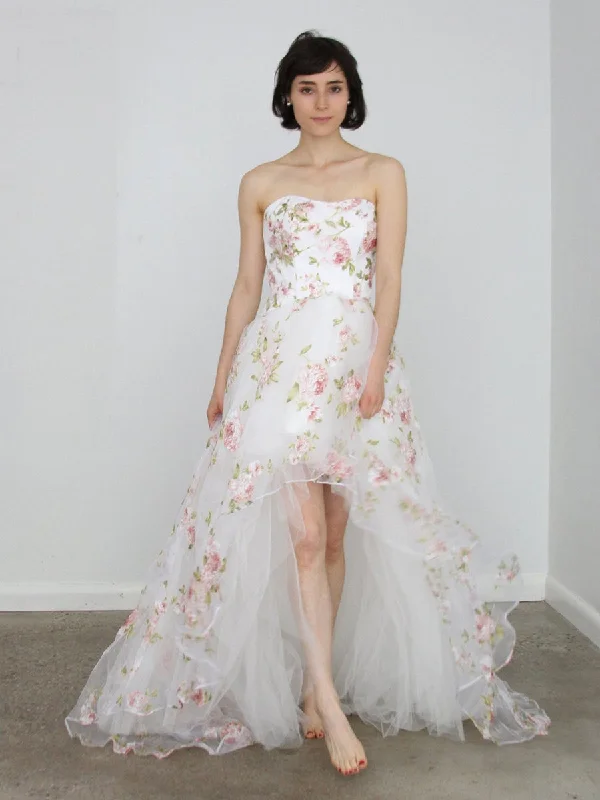 Special Discount High Low Strapless White Floral Lace Prom Dresses, Whtie 3D Flower Lace Formal Graduation Evening Dresses