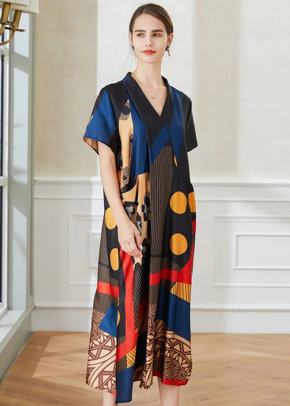 Special Promotion Art V Neck Print Side Open Chiffon Long Dress Summer