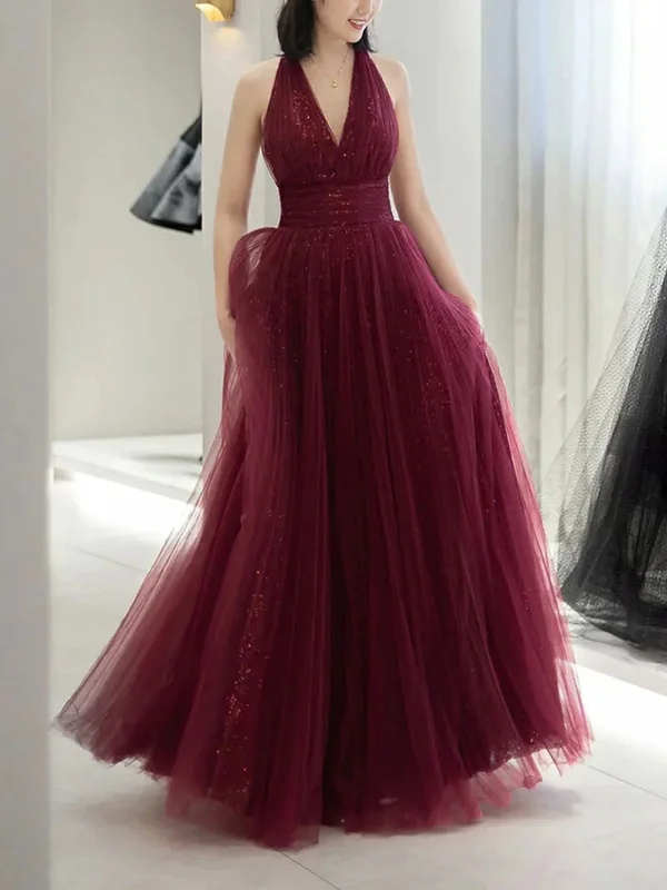 sleek midi dresssleek midi dressShiny V Neck Backless Burgundy Tulle Long Prom Dresses, Backless Burgundy Formal Dresses, Burgundy Evening Dresses SP2627