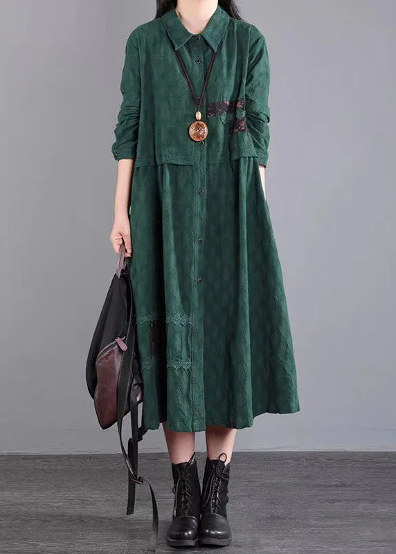 Online Specials Casual Blackish Green Pockets Patchwork Cotton Shirts Dresses Fall
