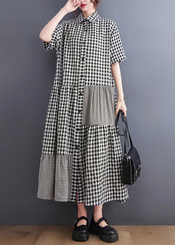 Super Bargain Black Patchwork Button Vacation Long Dresses Short Sleeve