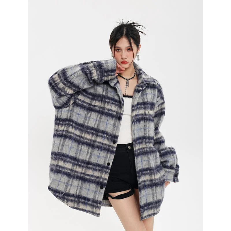 Overstock RTK (W) No. 3101 BLUE WOOLEN PLAID SHIRT JK