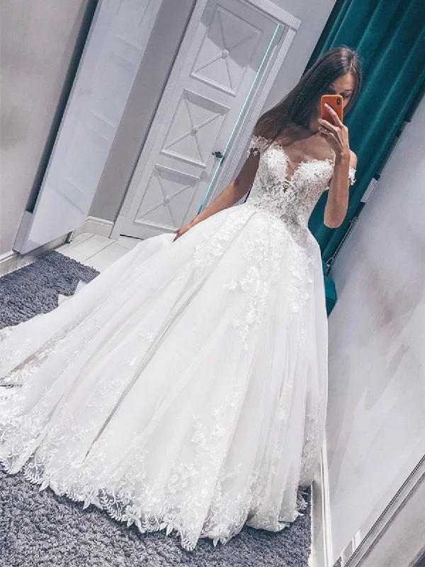 New Markdowns Off Shoulder White Lace Appliques Long Wedding Dresses, Off the Shoulder White Lace Prom Dresses, White Formal Evening Dresses New Markdowns Off Shoulder White Lace Appliques Long Wedding Dresses, Off the Shoulder White Lace Prom Dresses, White Formal Evening Dresses