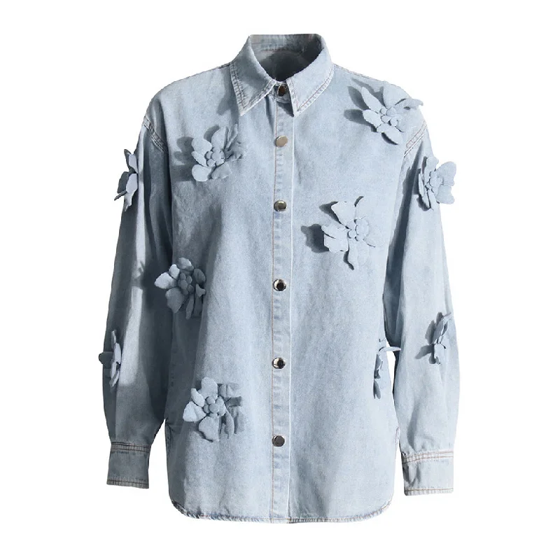 YEAR-End Sale Oversized Collared Long Sleeve Rosette Applique Button Down Denim Jacket YEAR-End Sale Oversized Collared Long Sleeve Rosette Applique Button Down Denim Jacket