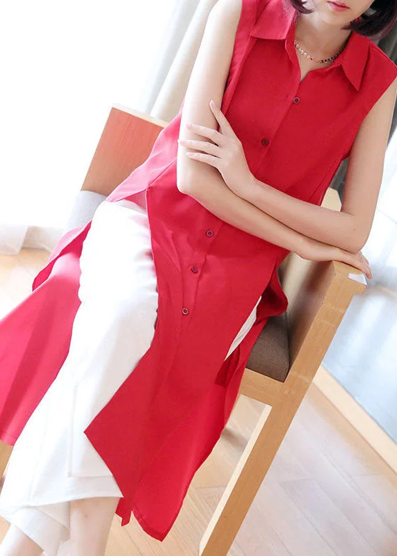 draped dressdraped dressPlus Size Red Peter Pan Collar Side Open Chiffon Long Shirts Sleeveless