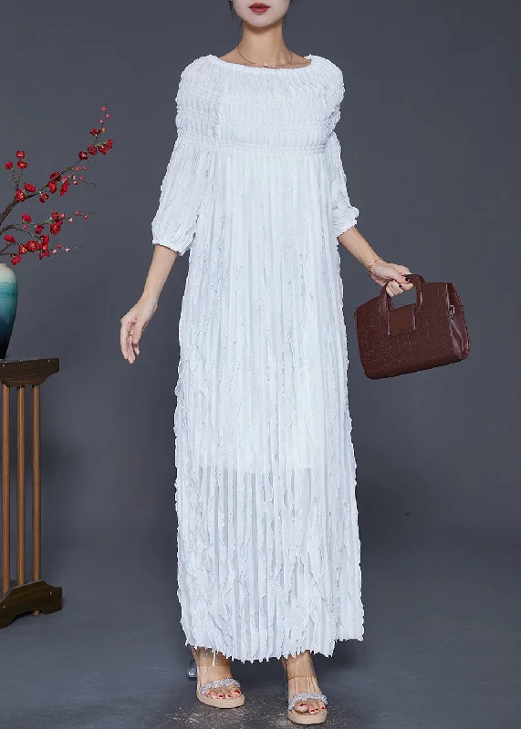 Unmissable Offer White Silm Fit Beach Dress Slash Neck Wrinkled Fall
