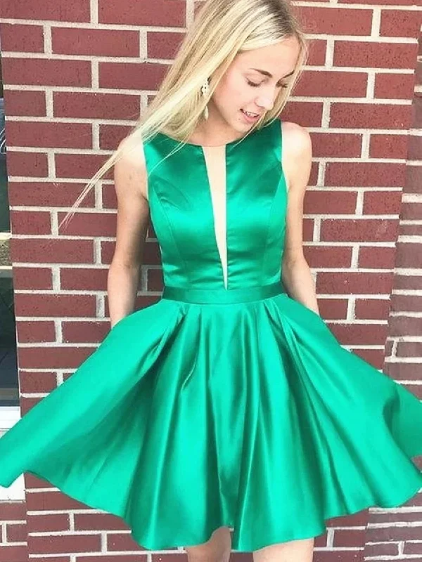 Exclusive Access Green Satin Backless Short Prom Dresses Homecoming Dresses, Open Back Green Formal Graduation Evening Dresses, Green Cocktail Dresses