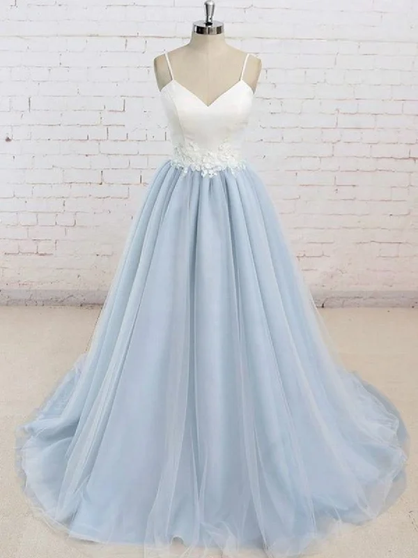 New Deals A Line V Neck Backless Light Blue Tulle Long Prom Dresses with White Lace Appliques, Light Blue Graduation Dresses, Light Blue Formal Evening Dresses