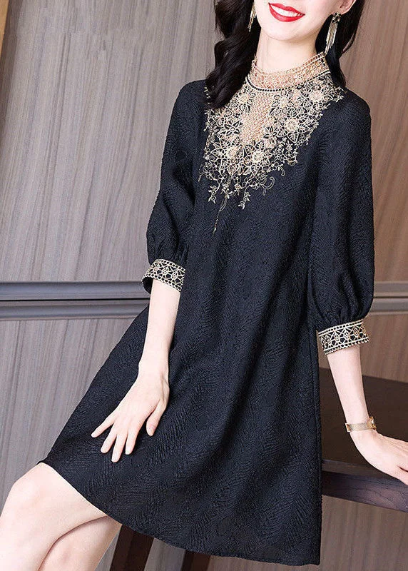 Shop and Save Bohemian Black Stand Collar Lace Patchwork Spandex Mid Dress Half Sleeve Shop and Save Bohemian Black Stand Collar Lace Patchwork Spandex Mid Dress Half Sleeve