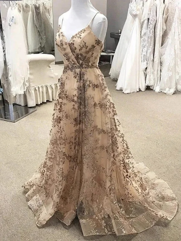 Reduced Prices Gorgeous V Neck Long Champagne Lace Prom Dresses, Champagne Lace Formal Graduation Evening Dresses