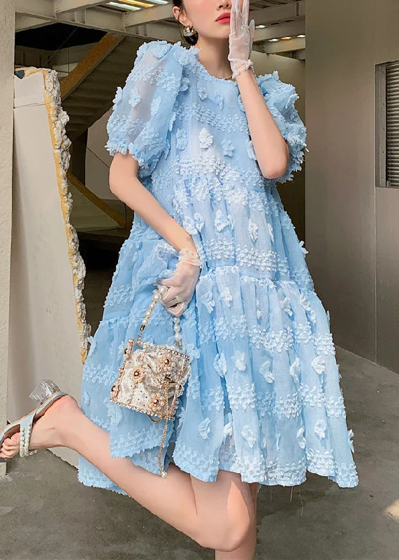 Massive Deals Elegant Light Blue O-Neck Floral Zippered Long Dresses Puff Sleeve