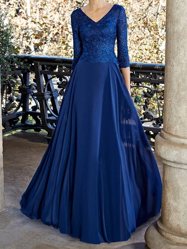 Amazing Deals V Neck Half Sleeves Blue Lace Long Prom Dresses, Blue Chiffon Formal Dresses, Blue Evening Dresses SP2220