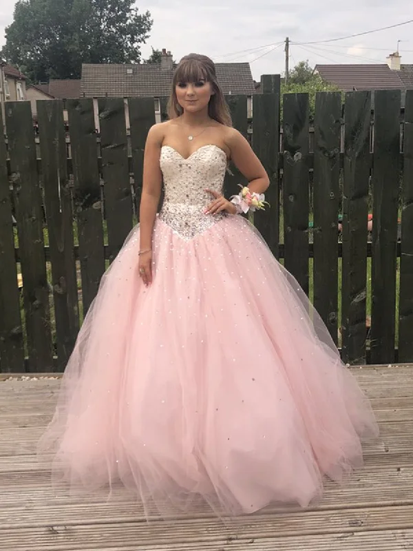 Price Cut Custom Made Sweetheart Neck Backless Tulle Pink Long Prom Dresses with Beadings, Pink Ball Gown, Pink Formal Dresses
