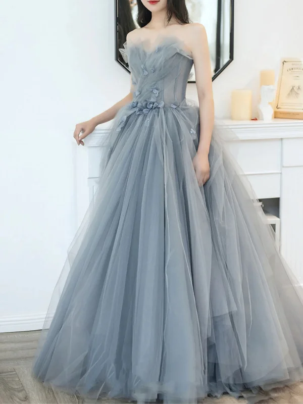 flowy dressflowy dressStrapless Gray Tulle Floral Long Prom Dresses, Strapless Gray Formal Evening Dresses, Grey Ball Gown SP2677