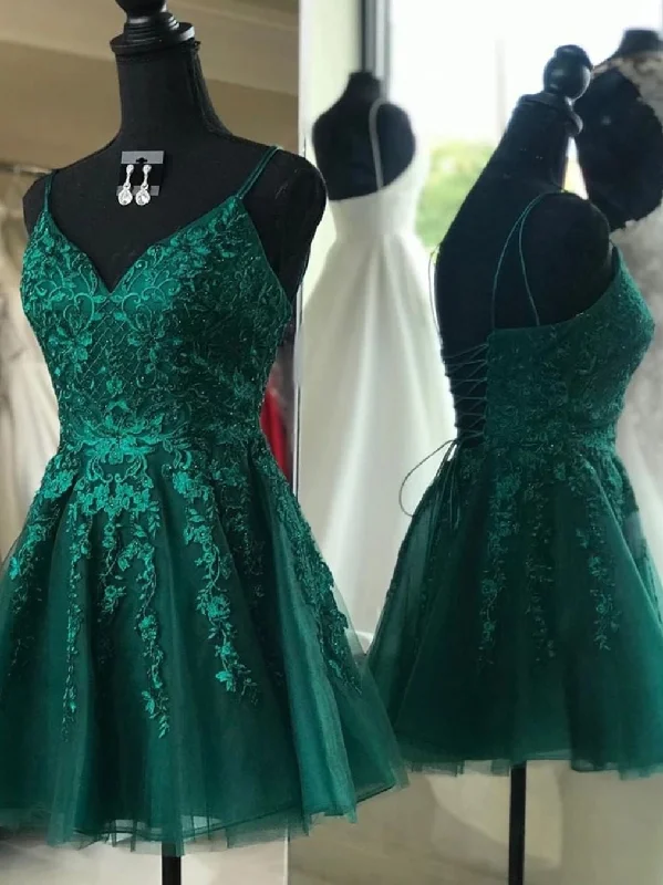 sleek dresssleek dressV Neck Emerald Green Lace Appliques Short Prom Dresses, Emerald Green Lace Homecoming Dresses, Emerald Green Formal Graduation Evening Dresses