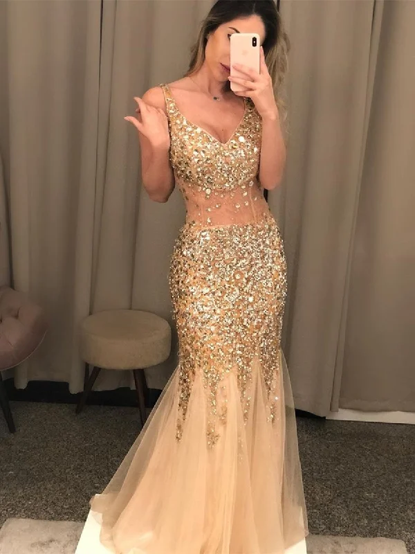 Season Finale Sale Gorgeous V Neck Mermaid Golden Long Prom Dresses with Rhinestones, Mermadi Golden Formal Dresses, Golden Evening Dresses