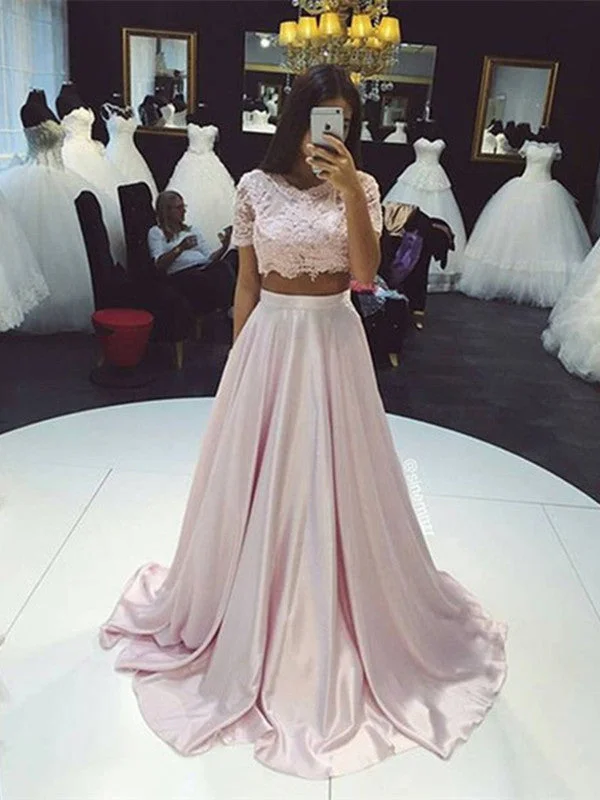 Overstock Custom Made 2 Pieces Pink Lace Prom Dresses, Pink Lace Formal Dresses