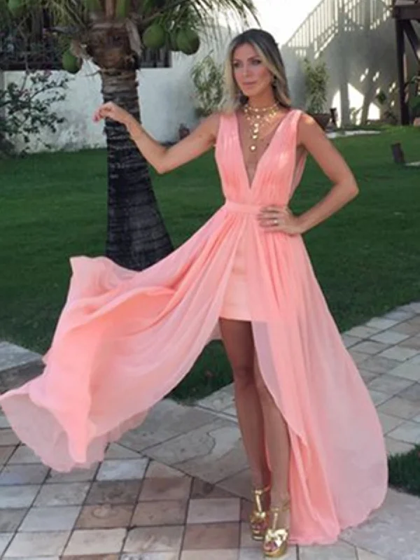 Buy More, Save More A Line V Neck Ruffles Pink Chiffon Long Prom Dresses, Pink V Neck Formal Dresses, Pink Long Evening Dresses