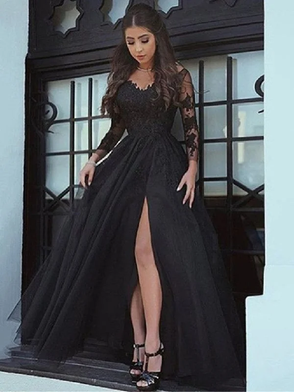 mini dressmini dressBlack A Line Long Sleeves Lace Prom Dress, Black Lace Formal Dress, Evening Dress