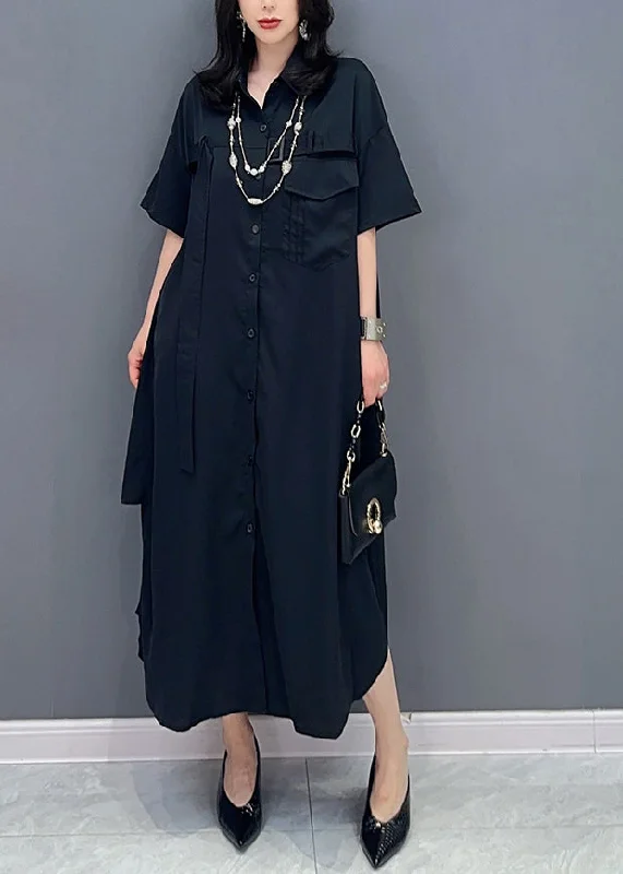 ashionable dressashionable dressStyle Black Peter Pan Collar Button Solid Maxi Shirts Dress Summer