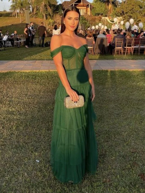 stylish party dressstylish party dressOff Shoulder Green Tulle Long Prom Dresses, Long Green Formal Graduation Evening Dresses SP2658