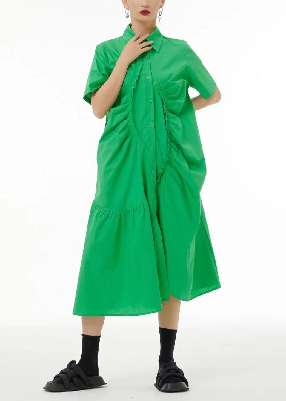 relaxed fit dressrelaxed fit dressFrench Green Asymmetrical Wrinkled Cotton Robe Dresses Summer