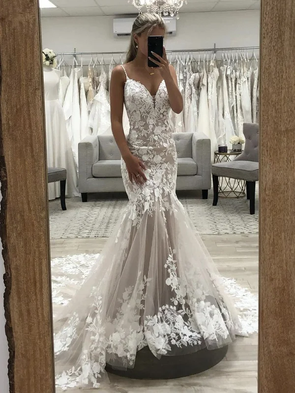 evening dressevening dressV Neck Mermaid Champagne Lace Long Prom Wedding Dresses, Mermaid Champagne Formal Dresses, Champagne Lace Evening Dresses SP2206