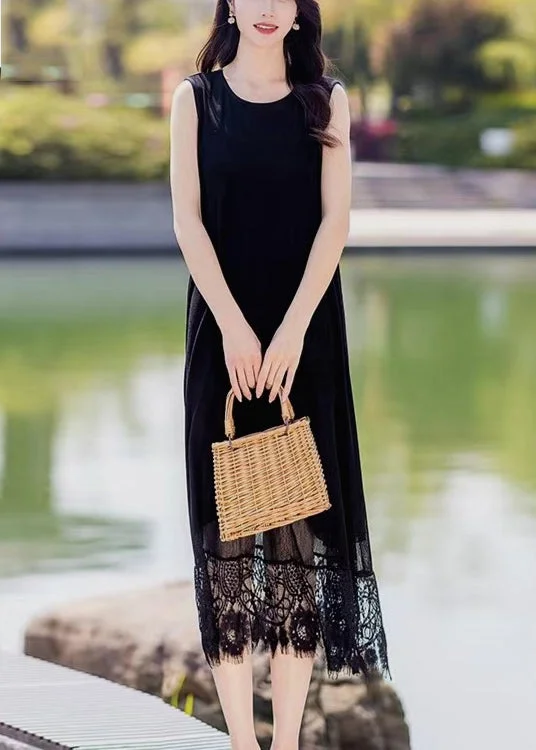 chic shift dresschic shift dressLace Patchwork Pocket Round Neck Sleeveless Maxi Dress Black