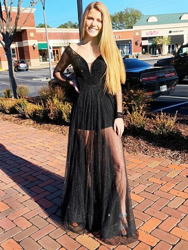 Instant Savings Shiny Long Sleeves V Neck Lace Sequins Black Long Prom Dresses, Long Sleeves Black Formal Dresses, Black Evening Dresses