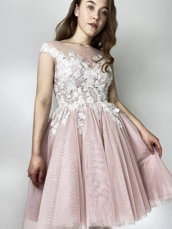 modern dressmodern dressCap Sleeves Round Neck Short Pink Lace Prom Dresses, Pink Lace Homecoming Dresses, Pink Short Formal Graduation Evening Dresses