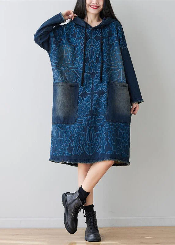 flowy dressflowy dressNavy Patchwork Pockets Print Denim Dress Hooded Spring