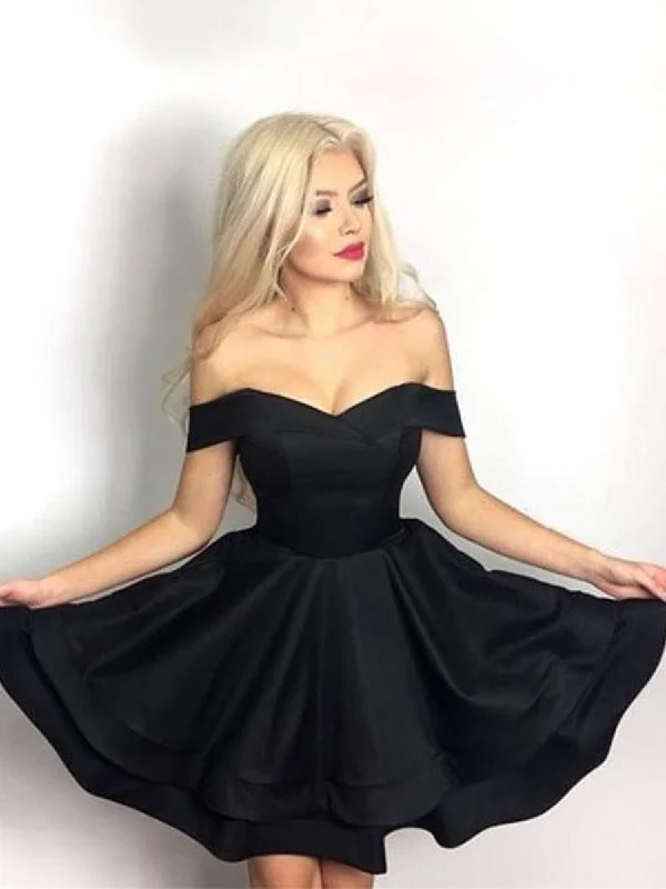 Deal Alert Cute Black Off Shoulder Layered Satin Short Prom Dresses Homecoming Dresses, Off Shoulder Black Formal Dresses, Black Evening Dresses