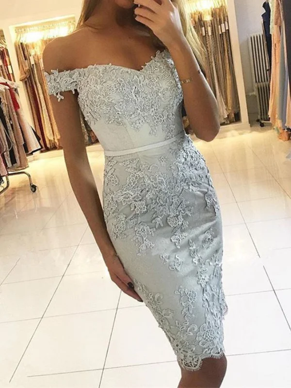 wrap dresswrap dressOff Shoulder Mermaid Blue Lace Prom Dresses, Mermaid Blue Homecoming Dresses, Short Blue Formal Evening Dresses SP2419