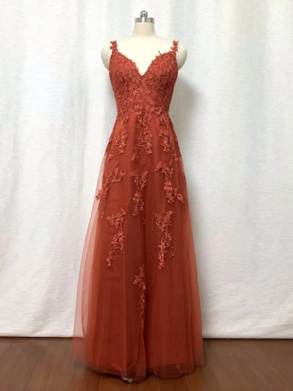 satin dresssatin dressV Neck Open Back Orange Lace Long Prom Dresses, Orange Lace Formal Dresses, Orange Tulle Evening Dresses SP2729