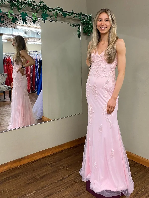 vintage dressvintage dressV Neck Open Back Mermaid Pink Lace Appliques Long Prom Dresses, Mermaid Pink Formal Dresses, Pink Lace Evening Dresses SP2397