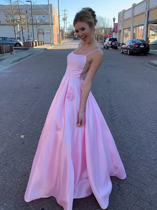 Bonus Savings Pink A Line Satin Floral Long Prom Dresses with Pockets, Floral Pink Formal Graduation Evening Dresses