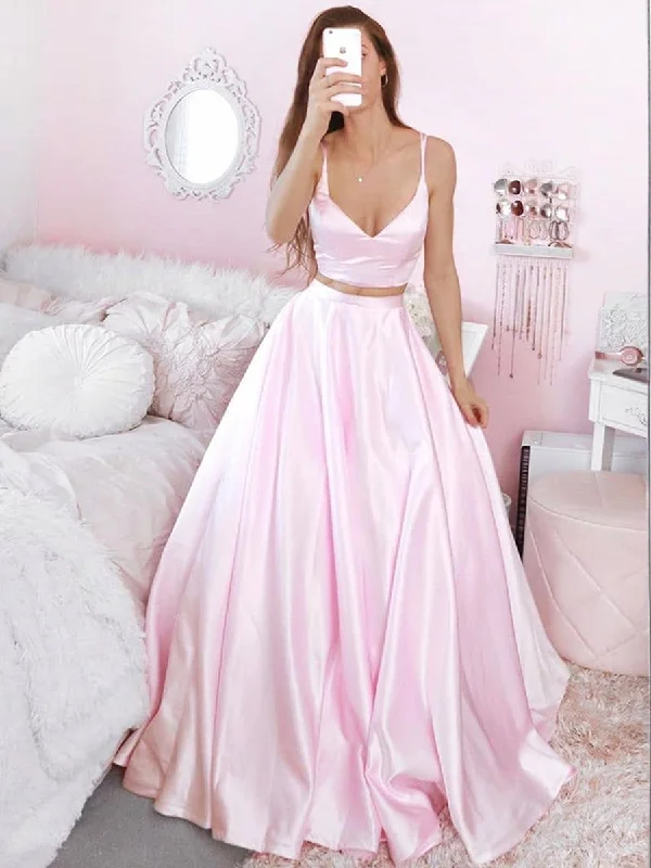 Super Bargain V Neck Two Pieces Pink Satin Long Prom Dresses, 2 Pieces Pink Formal Dresses, Pink Evening Dresses, Ball Gown