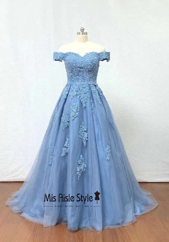 vintage-inspired dressvintage-inspired dressOff Shoulder Sleeve Blue Lace Prom Dress