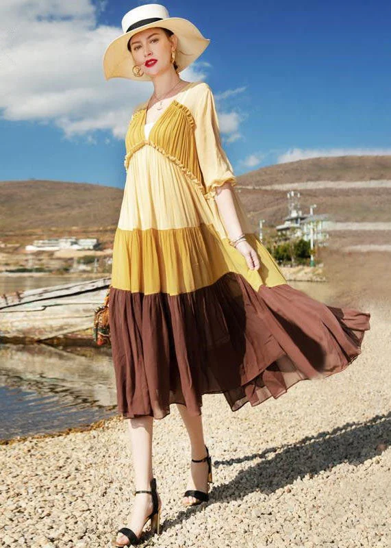 romantic dressromantic dressNatural Colorblock V Neck Wrinkled Patchwork Chiffon Dresses Summer