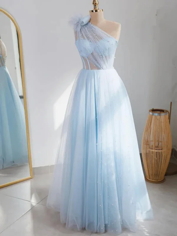 minimalistic dressminimalistic dressOne Shoulder Beaded Light Blue Tulle Long Prom Dresses, One Shoulder Formal Dresses, Light Blue Evening Dresses SP2759