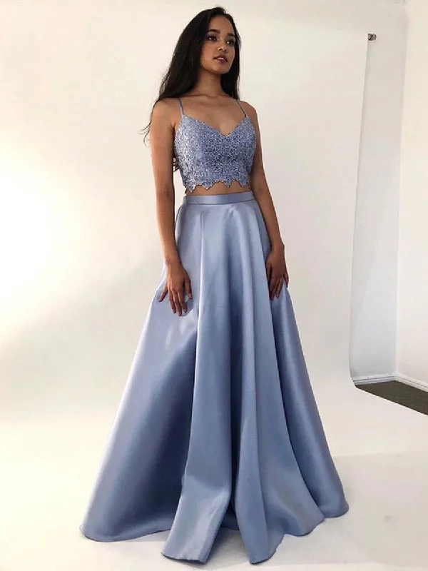 Today Only A Line V Neck 2 Pieces Lace Blue Long Prom Dresses, Two Pieces Blue Formal Dresses, Lace Blue Evening Dresses
