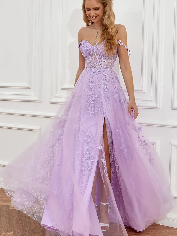 fitted bodycon dressfitted bodycon dressElegant Off Shoulder Purple Lace Long Prom Dresses with High Slit, Lilac Lace Formal Dresses, Lavender Evening Dresses SP2459