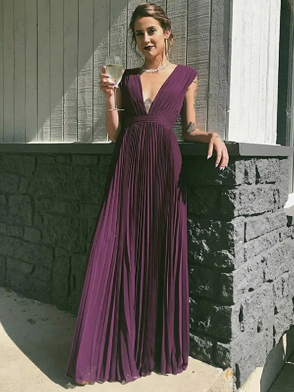 Limited Time Offer Elegant V Neck Purple Pleated Chiffon Long Prom Dresses, V Neck Purple Formal Graduation Evening Dresses