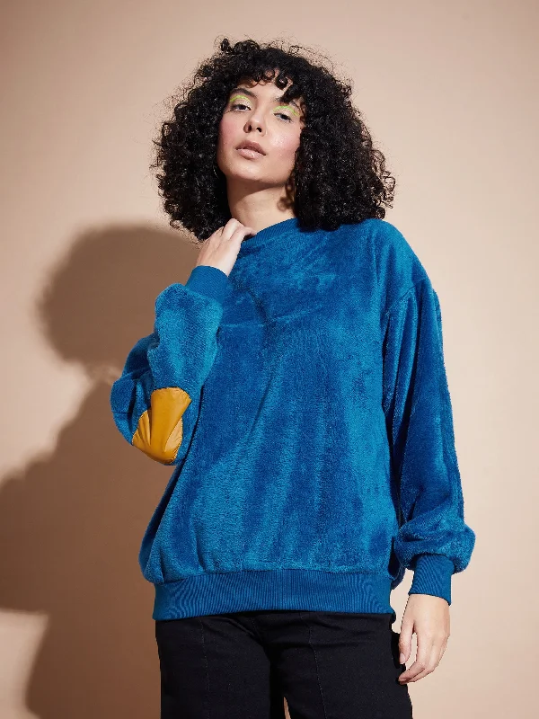 Exclusive Access Women Blue Elbow Patch Fur Round Neck Sweatshirt