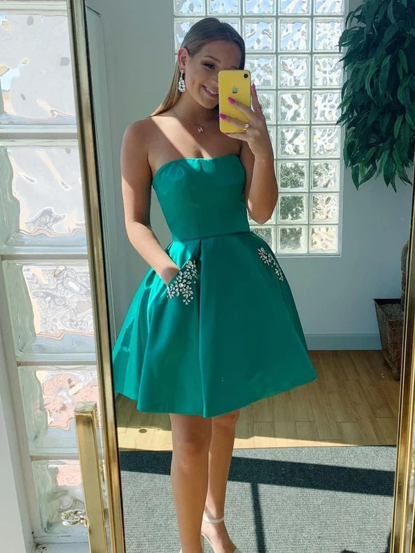 cocktail party dresscocktail party dressStrapless Open Back Green Short Prom Dresses with Pocket, Open Back Green Homecoming Dresses, Short Green Formal Evening Dresses