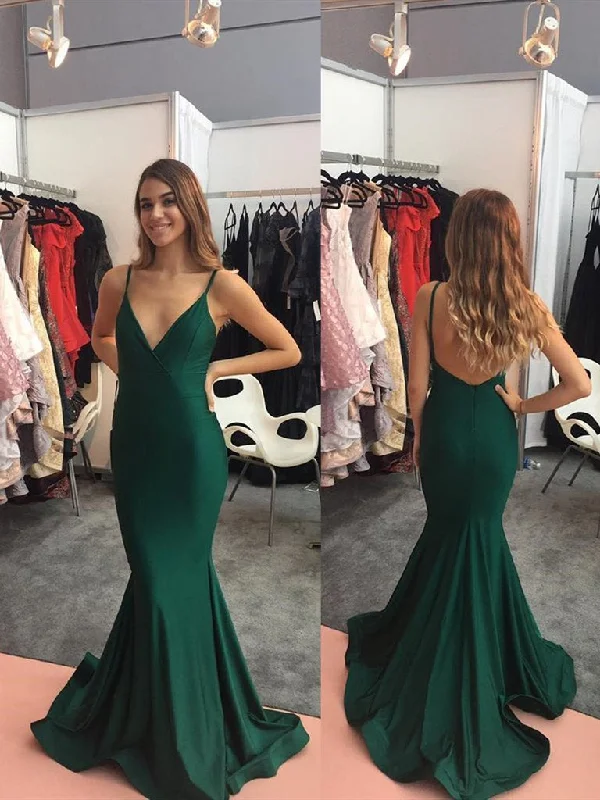 YEAR-End Sale V Neck Spaghetti Straps Mermaid Backless Satin Emerald Green Long Prom Dresses, Emerald Green Formal Dresses, Evening Dresses YEAR-End Sale V Neck Spaghetti Straps Mermaid Backless Satin Emerald Green Long Prom Dresses, Emerald Green Formal Dresses, Evening Dresses