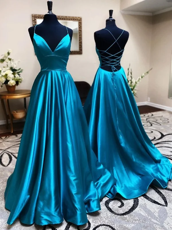 long sleeve dresslong sleeve dressA Line V Neck Backless Teal Satin Long Prom Dresses, Open Back V Neck Blue Formal Graduation Evening Dresses