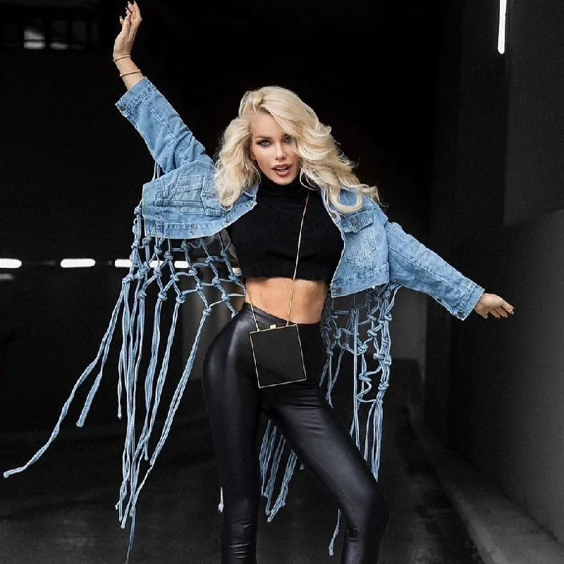 Steals and Deals Long Sleeve Fringe Back Single Breasted Crop Denim Jacket - Blue