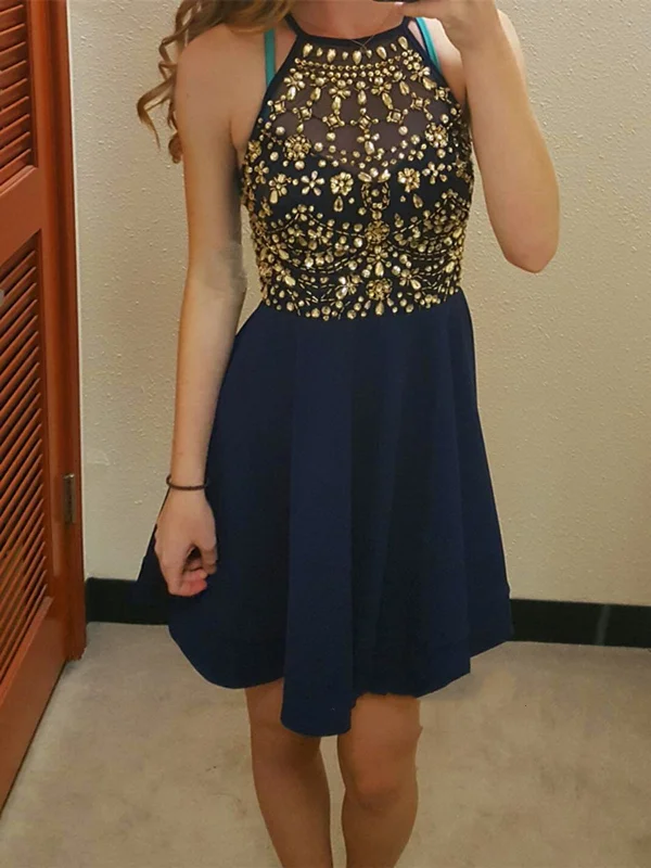 New Arrival Cute Round Neck Rhinestones Dark Blue Short Prom Dresses, Dark Blue Homecoming Dresses, Formal Dresses New Arrival Cute Round Neck Rhinestones Dark Blue Short Prom Dresses, Dark Blue Homecoming Dresses, Formal Dresses